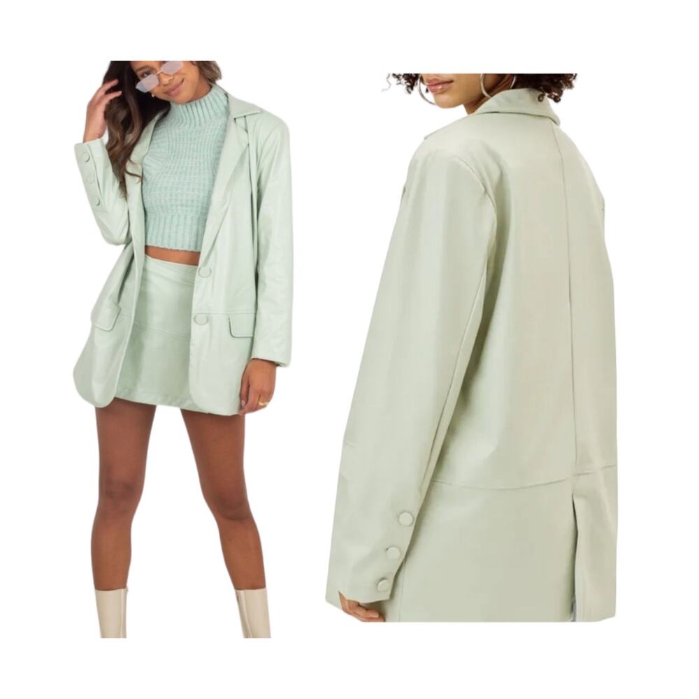 NWT For Love & Lemons Talia Boyfriend Blazer Green Pockets Faux Leather Size XS